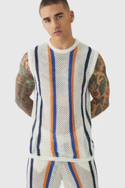 Outlet boohooMAN Oversized Open Stitch Stripe Knitted Tank & Trouser Set stone