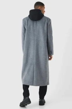 Best Sale boohooMAN Oversized Overcoat With Faux Hooded Jersey Layer In grey