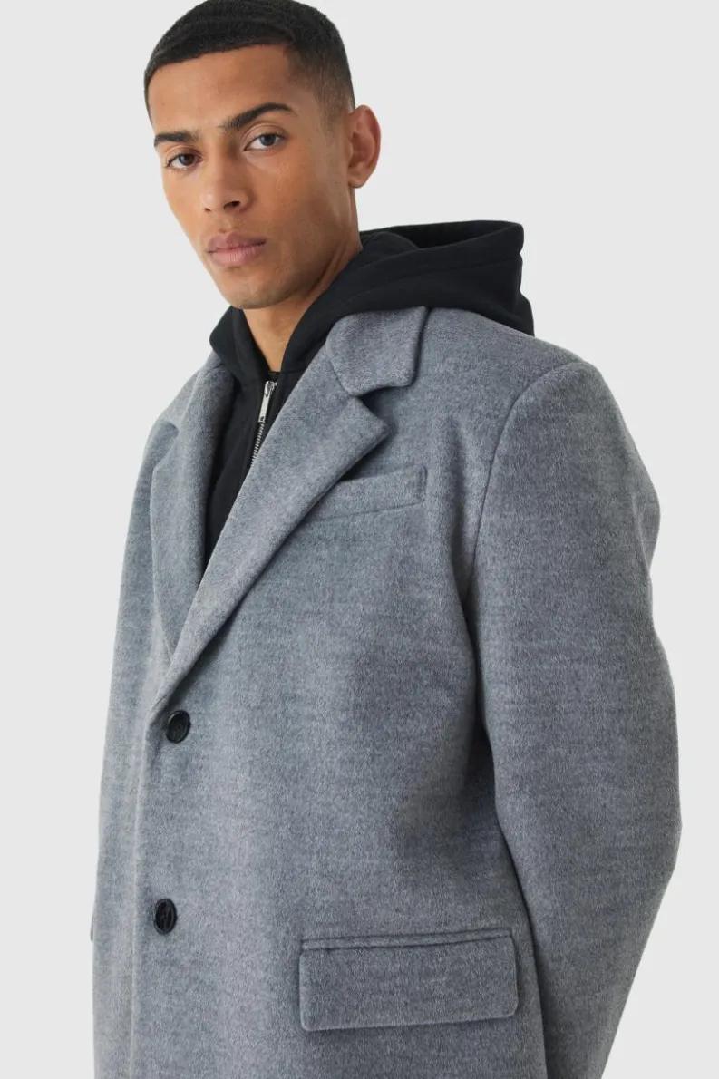 Best Sale boohooMAN Oversized Overcoat With Faux Hooded Jersey Layer In grey