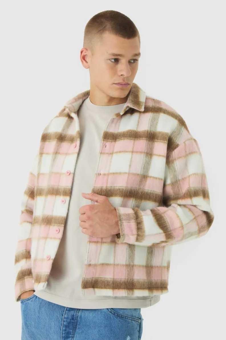 Cheap boohooMAN Oversized Overshirt Brushed Check light pink