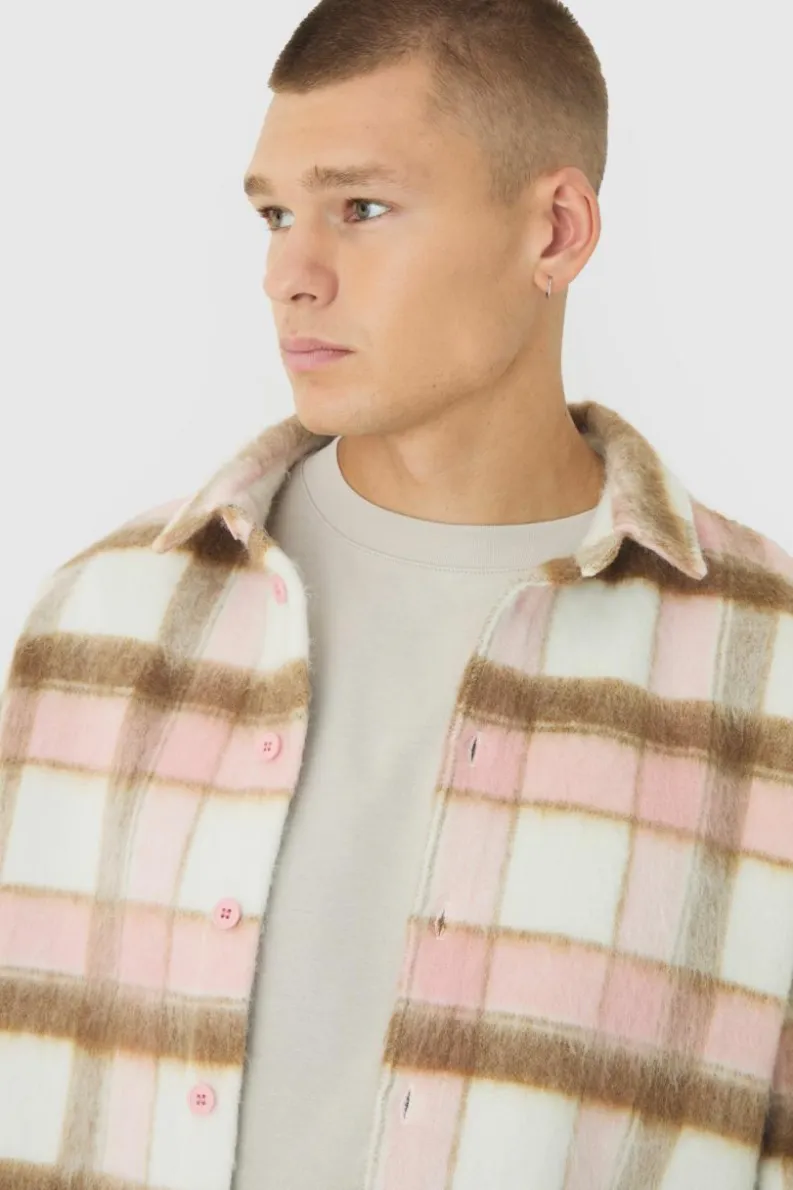 Cheap boohooMAN Oversized Overshirt Brushed Check light pink