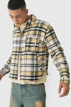 Clearance boohooMAN Oversized Paint Splatter Check Shirt yellow