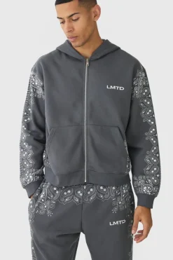 Clearance boohooMAN Oversized Paisley Border Printed Tracksuit charcoal