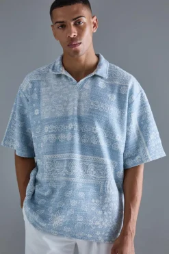 New boohooMAN Oversized Paisley Jacquard Rugby Half Sleeve Sweatshirt blue