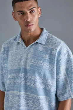 New boohooMAN Oversized Paisley Jacquard Rugby Half Sleeve Sweatshirt blue