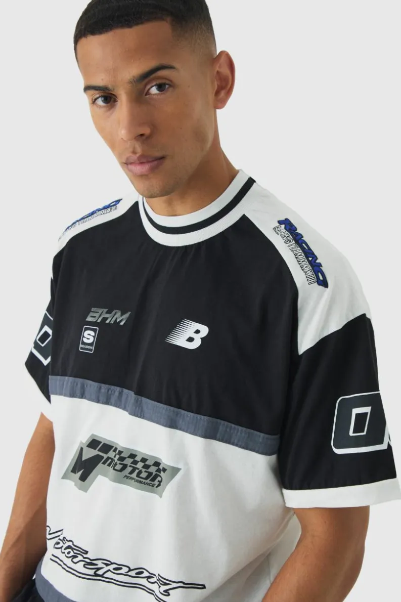 New boohooMAN Oversized Panelled Motor Sport T-shirt black