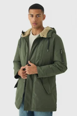 Fashion boohooMAN Oversized Parka With Borg Lined Hood In khaki
