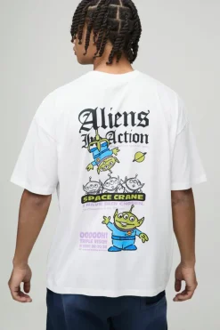 Shop boohooMAN Oversized Pixar Toy Story Aliens License Print T-Shirt white
