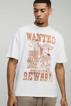 Shop boohooMAN Oversized Pixar Toy Story Woody License Print T-Shirt white