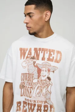 Shop boohooMAN Oversized Pixar Toy Story Woody License Print T-Shirt white