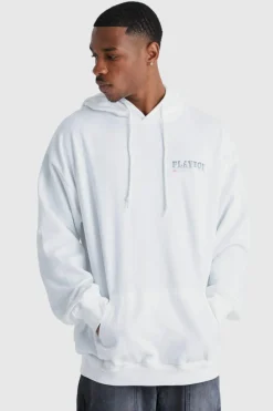 Online boohooMAN Oversized Playboy License Hoodie white