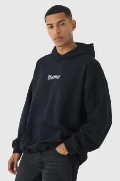 Outlet boohooMAN Oversized Playboy Varsity License Print Hoodie black