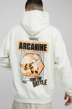 Flash Sale boohooMAN Oversized Pokemon Arcanine License Wash Print Hoodie ecru