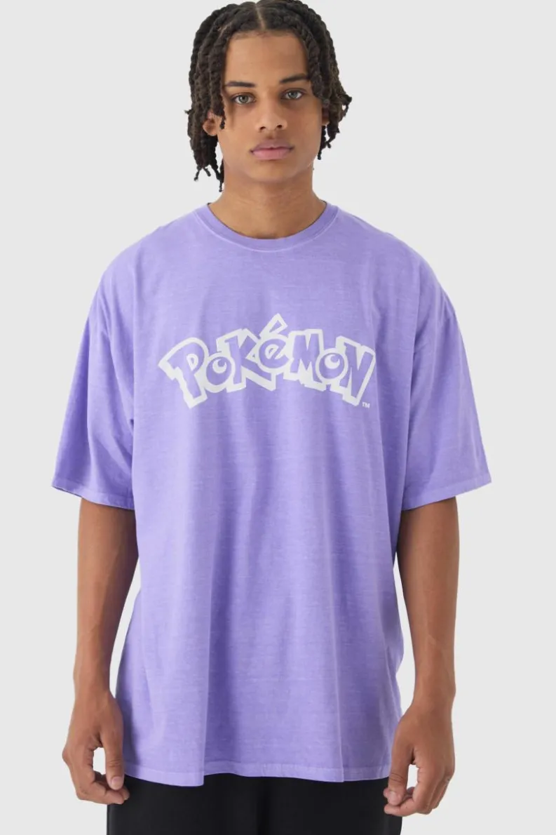 Cheap boohooMAN Oversized Pokemon Wash Extended Neck Gengar License T-shirt purple