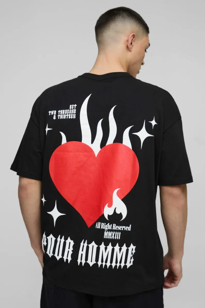 Outlet boohooMAN Oversized Pour Homme Flame Heart Graphic T-Shirt black