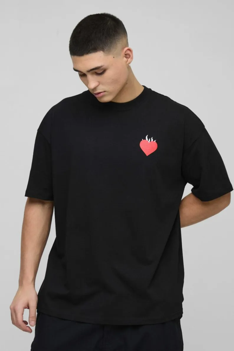 Outlet boohooMAN Oversized Pour Homme Flame Heart Graphic T-Shirt black
