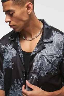 Best boohooMAN Oversized Printed Satin Revere Triangle Pocket Shirt black