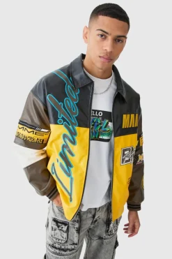 Cheap boohooMAN Oversized PU Badge Moto Jacket yellow
