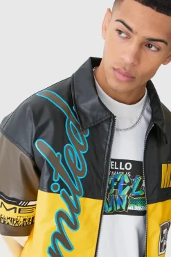 Cheap boohooMAN Oversized PU Badge Moto Jacket yellow