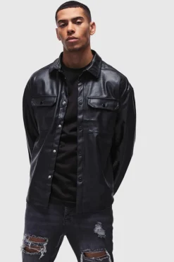 Hot boohooMAN Oversized PU Long Sleeve Overshirt black