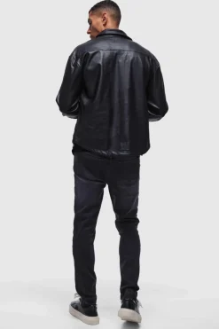Hot boohooMAN Oversized PU Long Sleeve Overshirt black