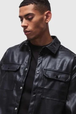 Hot boohooMAN Oversized PU Long Sleeve Overshirt black