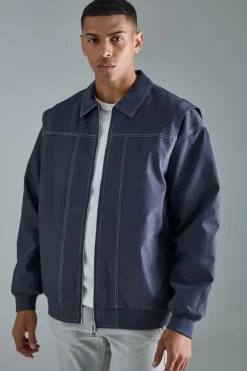 New boohooMAN Oversized PU Panel Detail Bomber Jacket In navy