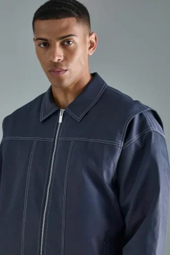 New boohooMAN Oversized PU Panel Detail Bomber Jacket In navy