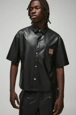 Cheap boohooMAN Oversized PU Pocket Detail Boxy Shirt black