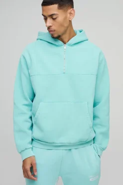 Best boohooMAN Oversized Quarter Zip Washed Hoodie blue