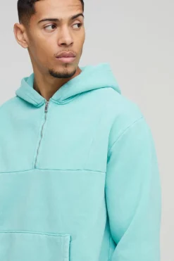 Best boohooMAN Oversized Quarter Zip Washed Hoodie blue