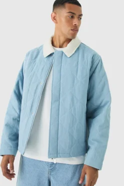 Online boohooMAN Oversized Quilted Denim Jacket With Borg Collar light blue