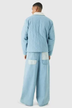 Online boohooMAN Oversized Quilted Denim Jacket With Borg Collar light blue