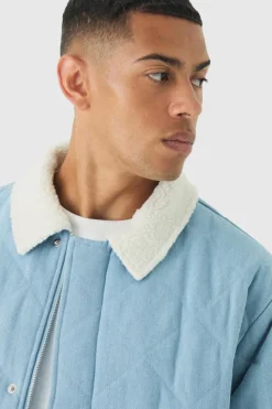 Online boohooMAN Oversized Quilted Denim Jacket With Borg Collar light blue