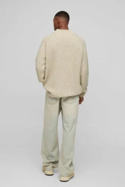 Clearance boohooMAN Oversized Raglan Detail Boucle Knit Jumper stone
