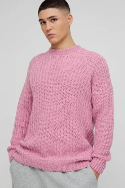 New boohooMAN Oversized Raglan Detail Boucle Knit Jumper light pink