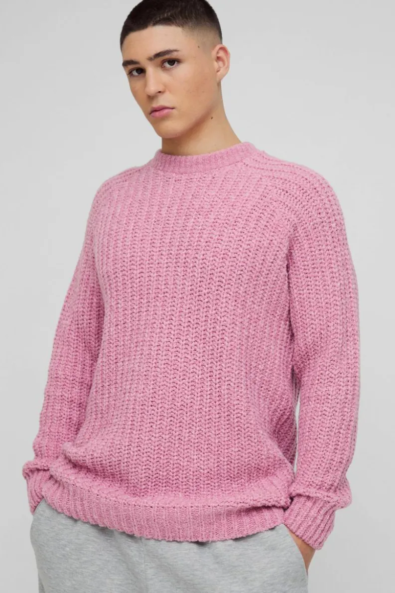 New boohooMAN Oversized Raglan Detail Boucle Knit Jumper light pink