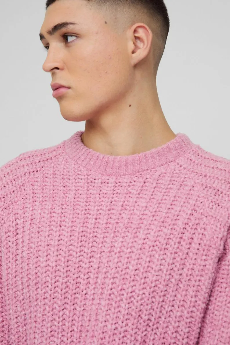 New boohooMAN Oversized Raglan Detail Boucle Knit Jumper light pink