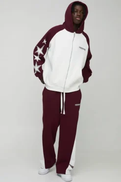 Best Sale boohooMAN Oversized Raglan Homme Star Gusset Zip Through Hooded Tracksuit burgundy
