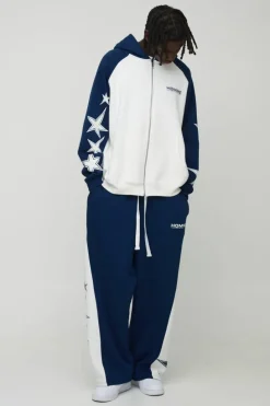 Cheap boohooMAN Oversized Raglan Homme Star Gusset Zip Through Hooded Tracksuit navy