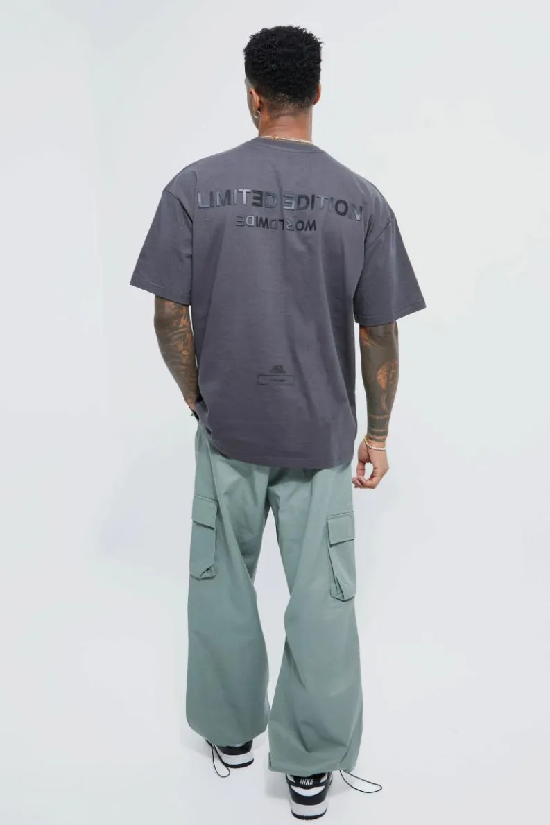 Discount boohooMAN Oversized Raised Limited Text T-shirt dark grey