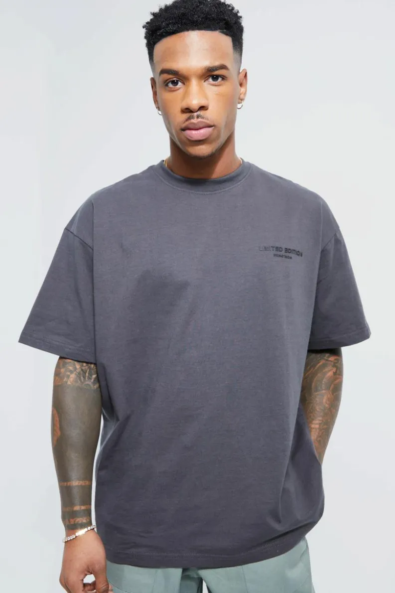 Discount boohooMAN Oversized Raised Limited Text T-shirt dark grey