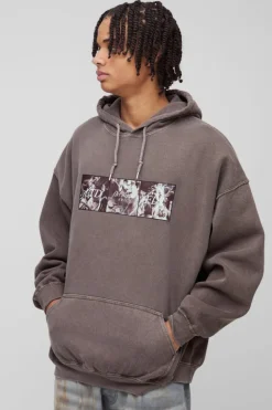 Shop boohooMAN Oversized Renaissance Box Graphic Washed Hoodie dark brown