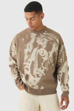 Sale boohooMAN Oversized Renaissance Face Knit Jumper stone
