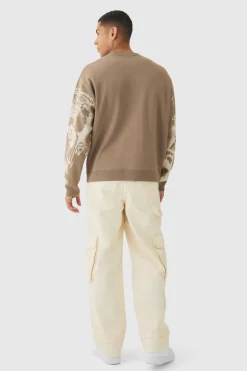 Sale boohooMAN Oversized Renaissance Face Knit Jumper stone