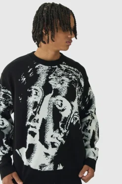 Cheap boohooMAN Oversized Renaissance Face Knit Jumper black