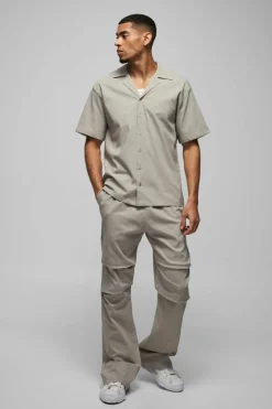 Shop boohooMAN Oversized Revere Bengaline Shirt & Pleated Straight Stacked Trouser Set taupe