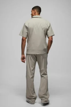 Shop boohooMAN Oversized Revere Bengaline Shirt & Pleated Straight Stacked Trouser Set taupe