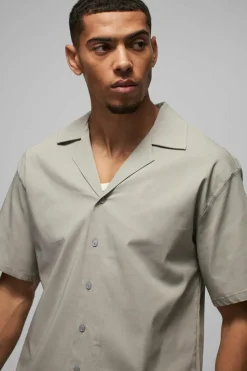 Shop boohooMAN Oversized Revere Bengaline Shirt & Pleated Straight Stacked Trouser Set taupe
