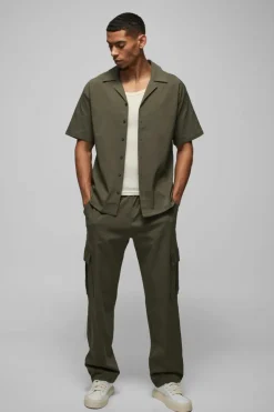 Discount boohooMAN Oversized Revere Bengaline Shirt & Cargo Trouser Set olive